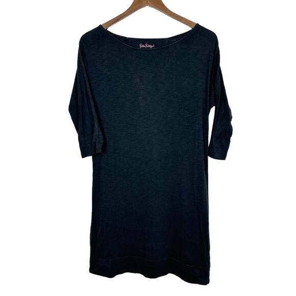 Lilly Pulitzer | Cassie Black Slub Pima Cotton 3/4 Sleeve T-shirt Mini Dress - Picture 3 of 9